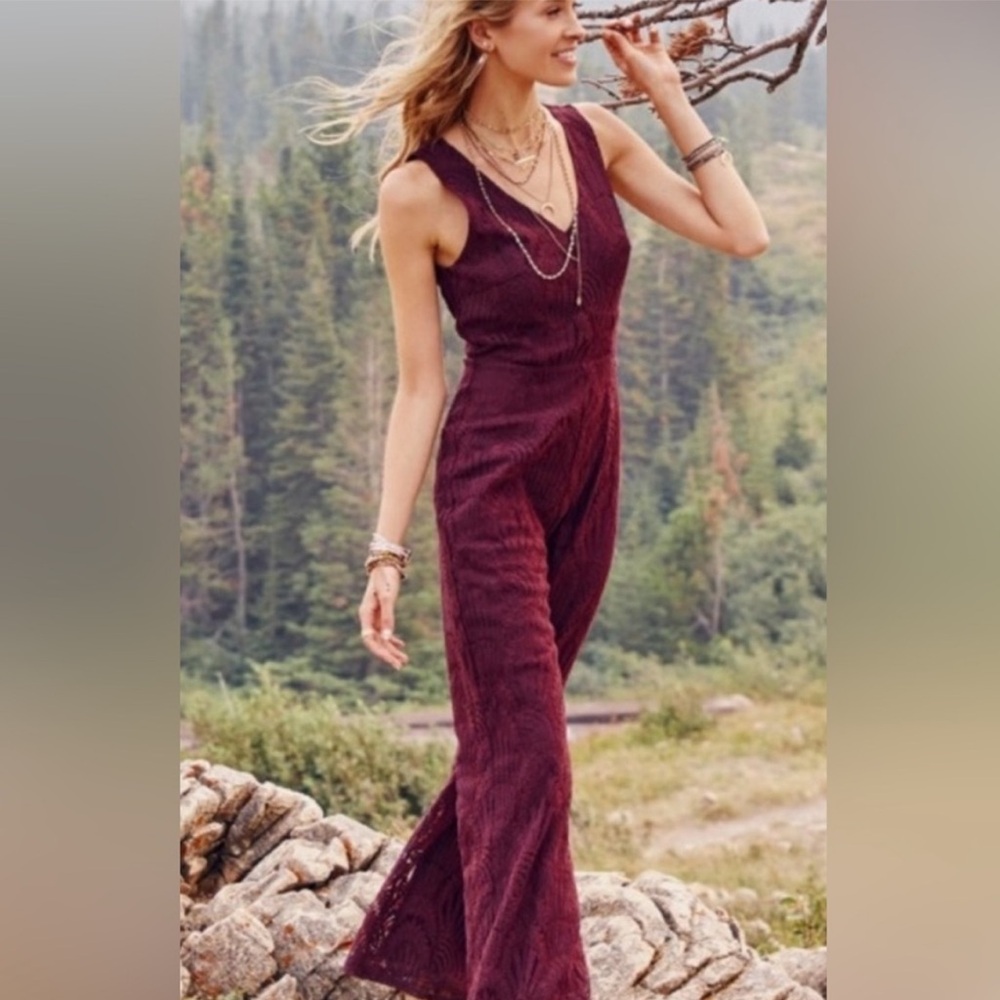 Altar'd State Sleeveless Plum Lace Knit Wide-Leg Jumpsuit